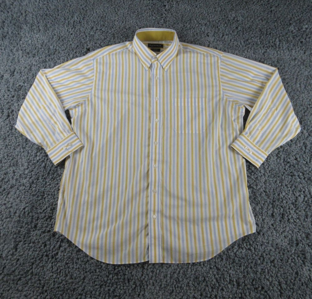 Paul Fredrick Shirt Mens 17.5x33 Gold Blue Stripe Classic Fit Button Down